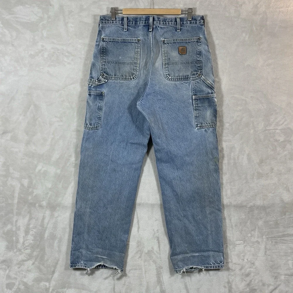 Vtg Carhartt Double Knee Pants Mens 34x32 Thrashed Distressed B73 DST Blue Jeans